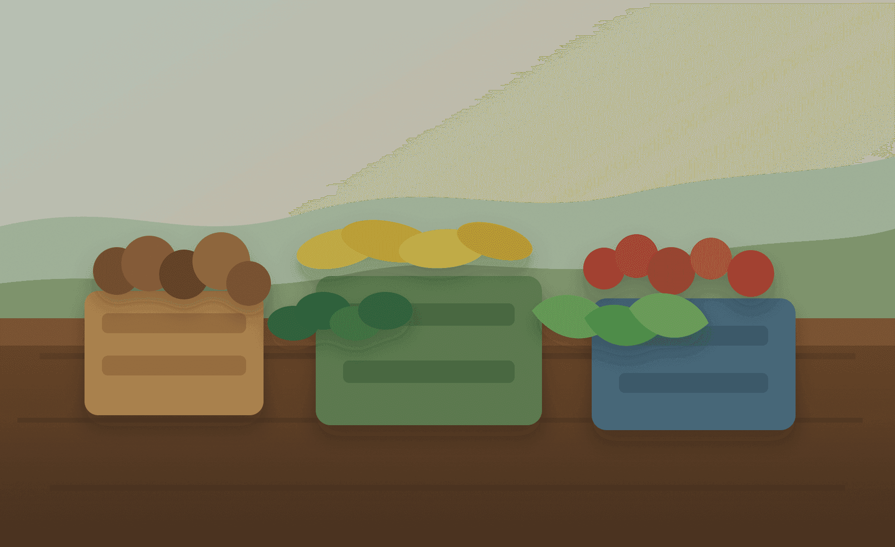 Mercado agroalimentario con canastillas de productos frescos